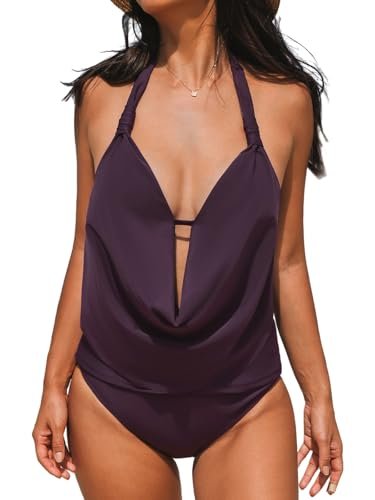 CUPSHE Tankini Bathing Suit for Women Halter Deep V Cowl
