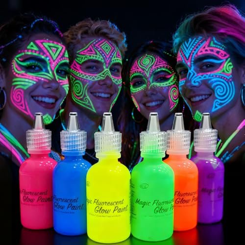 [6 Bottles, 1 oz. Each] Body Paint Blacklight Neon Kit