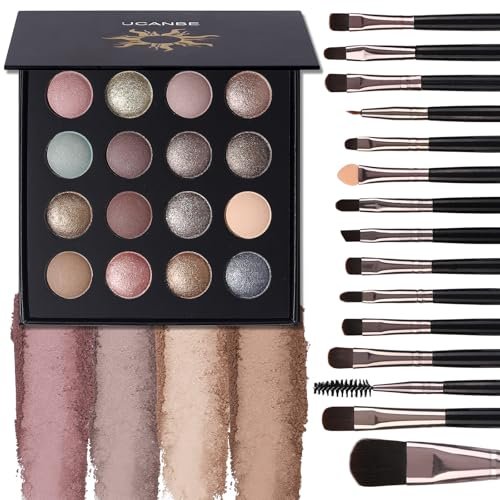 UCANBE Baked Eyeshadow Palette with 15PCS Brushes Makeup Set