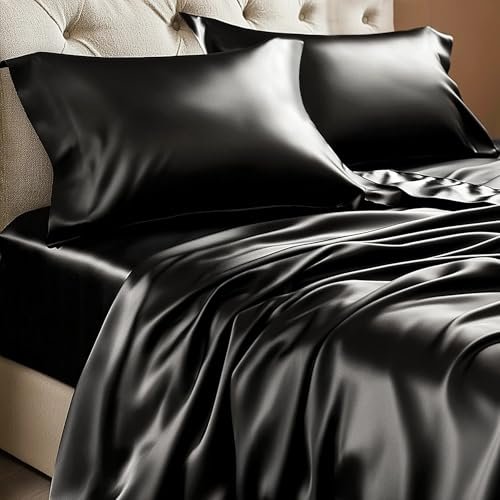 BEDELITE Satin Sheets Queen Size Bed Set, Soft Black Silky