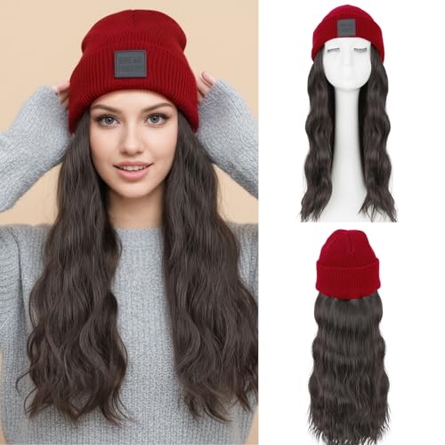 S-noilite Beanie Wig with Hair,18 Inch Long Wavy Red Hat