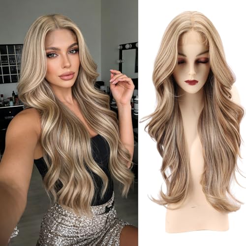 WIGENIUS Lace Front Wigs 24 Inch Long Curly Synthetic Brown