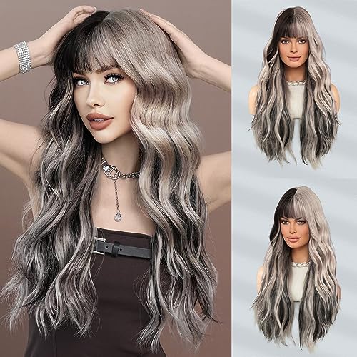 7JHH WIGS Long Wavy Silver Grey Black Highlight Wig