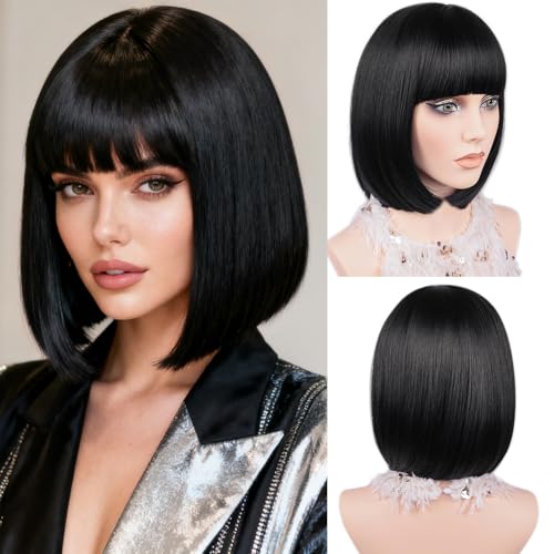 MAYSA Black Bob Wigs with Flat Bangs for Women