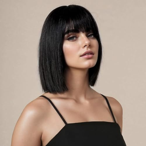 SUKRI Short Black Straight Wig with Bangs for Women