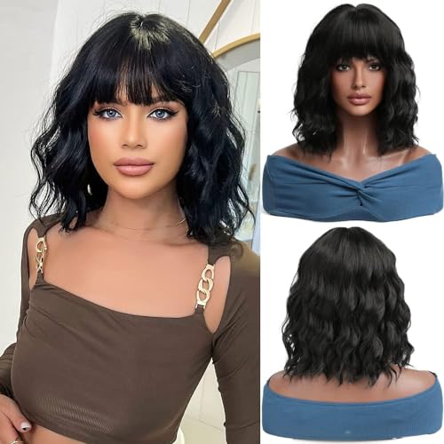 Esmee Short Wave Black Bob Wigs with Fringe for Women
