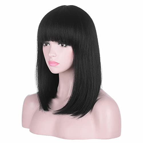 AMZCOS 15 Inch Short Straight Black Bob Wig with Bangs