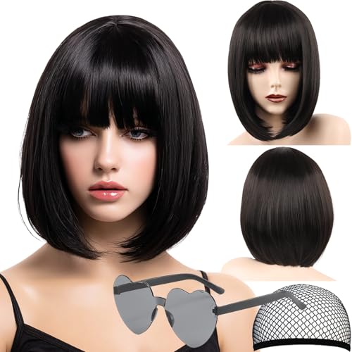 VCAY Black Bob Wig with Bangs, 12 Inch Straight Bob