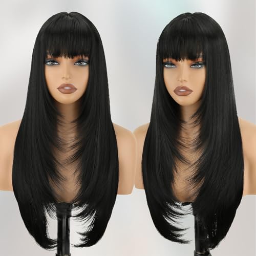 NOVFLKW Black Long Straight Layered Wig with Bangs for Women