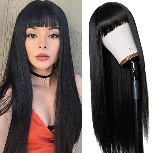 TIMANZO Long Straight Remy Hair Wigs Natural Black with...