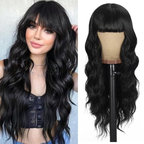 UNNYMGER Black Wig with Bangs Curly wavy for women