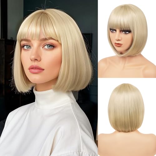 BATISI Short Blonde Bob Wig with Bangs for Women