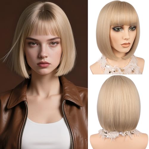 MAYSA Blonde Bob Wig with Bangs for Women, Short Straight
