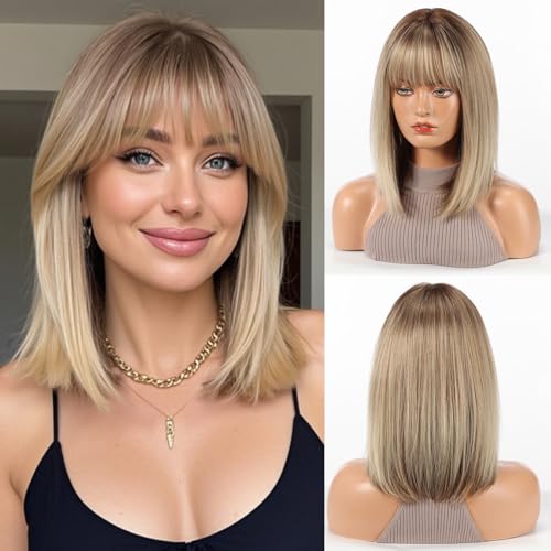 HAIRCUBE Bob Wigs for Women Synthetic Wig with Blonde Fringe