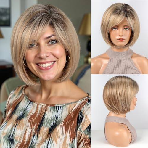 HAIRCUBE Bob Wigs for Women Synthetic Wig with Blonde Fringe