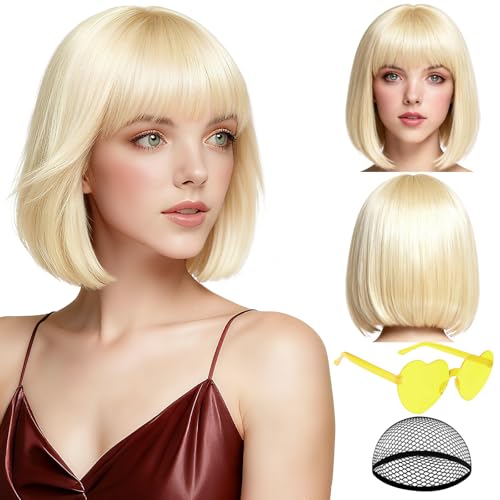 PLULON Blonde Short Bob Wig with Bangs for Women