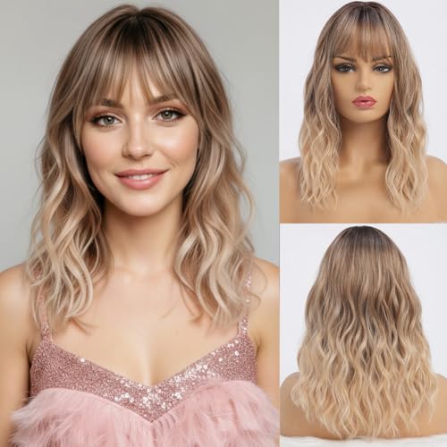 simkaylee Wavy Long Ombre Blonde Wigs with Bangs for Women