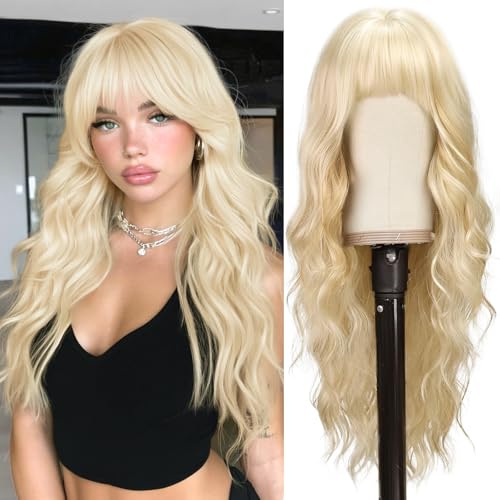 BARSDAR Long Wavy Blonde Wig With Bangs for Women