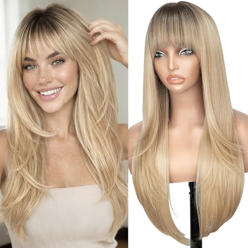 Nnzes Ombre Blonde 26-inch Long Wig with Bangs for Women