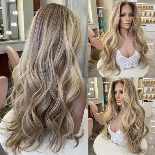 Long Wavy Highlight Ombre Light Blonde Synthetic Lace Front...