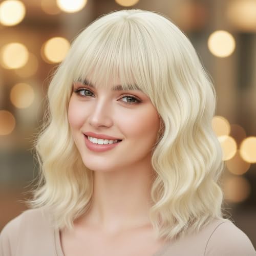 AGO Blonde Wig with Bangs Short Curly Bob for Women