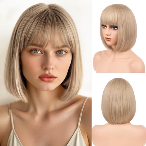 BATISI Short Blonde Bob Wig with Bangs for Women