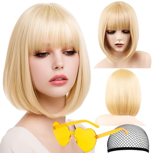 VCAY Bob Wig, 12 Inch Short Blonde Wig with Bangs