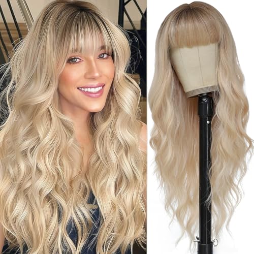 MINSEEYOO Blonde Wig with Bangs for Women Long Wavy