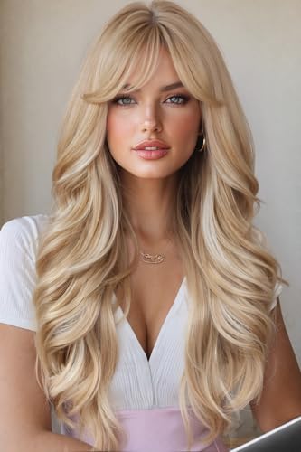 WIGER Long Wavy Hair With Bangs Flaxen Mix Blonde Wig