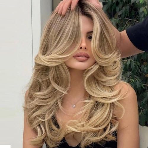 Jolelyne Long Golden Blonde Wavy Layered Wig with Curtain...