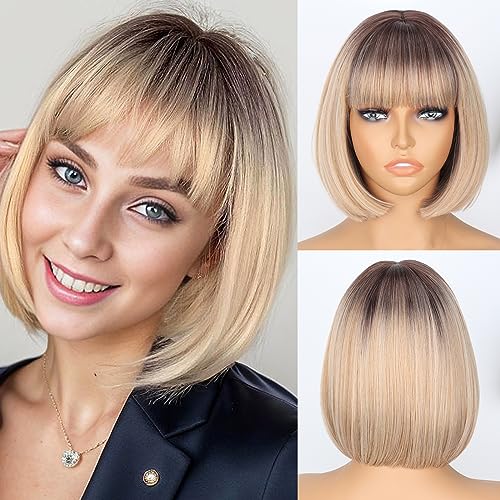 WERD Blonde Bob Wig with Bangs Short Synthetic Hair