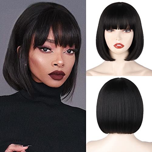 WERD Black Short Bob Wig,Straight Black Bob Wig with Bangs