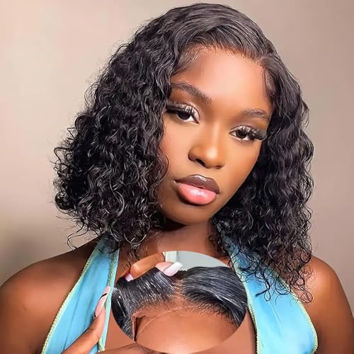 Ablvari Curly Bob Wig Human Hair Water Wave Lace Closure