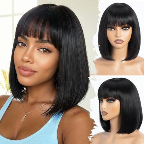 Farblick Bob Wig Human Hair With Bangs Wear and Go