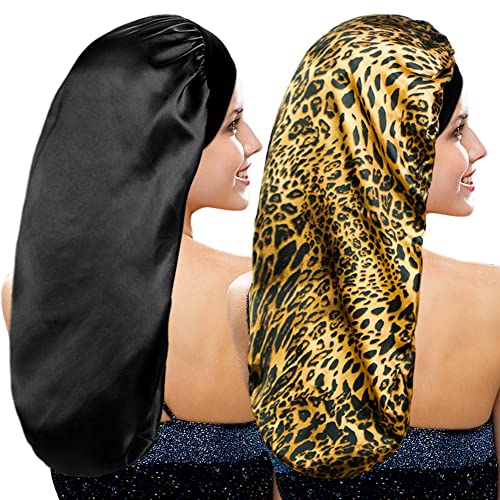 2 Pieces Long Silky Satin Sleep Bonnet for Curly Hair