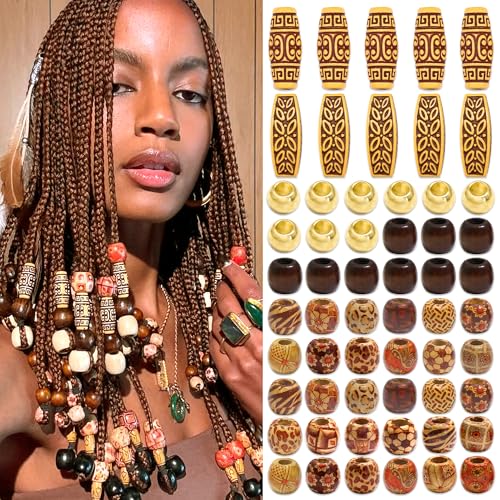 NAISKA 60Pcs Wooden Hair Beads for Braid Loc Dreadlock...