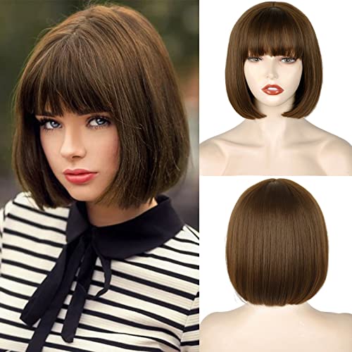 WERD Short Brown Bob Wig with Bangs,10 inch Straight