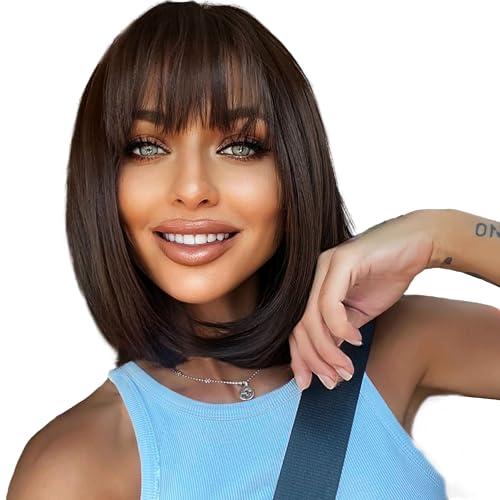 EMMOR Dark Brown Bob Wigs for Women with Fringe Bangs