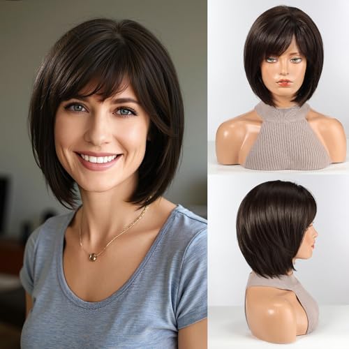 HAIRCUBE Bob Wigs for Women Synthetic Wig Dark Brown Fringe
