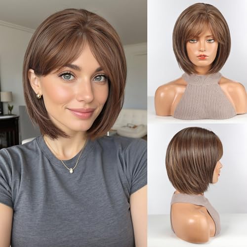 HAIRCUBE Bob Wigs for Women Synthetic Wig with Brown Fringe