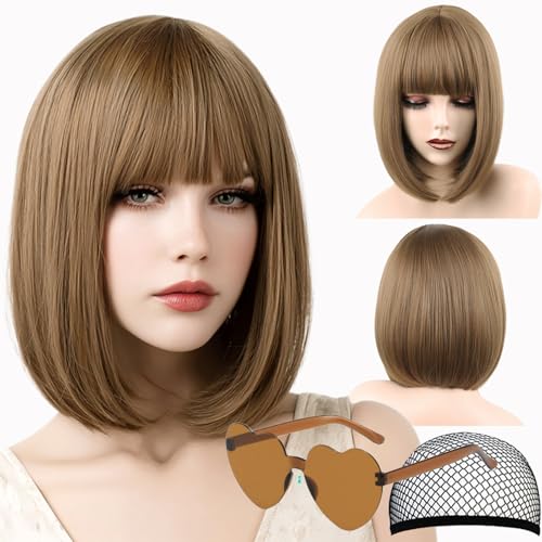VCAY Brown Bob Wig with Bangs, 12 Inch Straight Synthetic