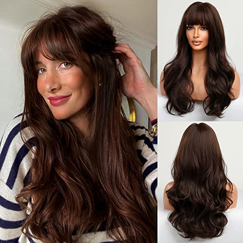 HAIRCUBE Long Brown Wig with Bangs Wave Curly for Women