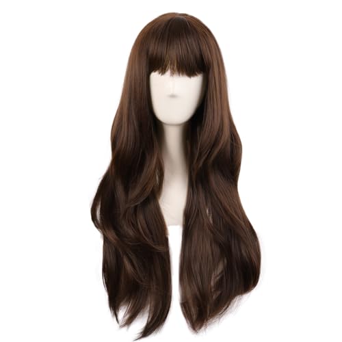 MapofBeauty 28 Inch/70 cm Long Curtain Bangs Wavy Brown Wig