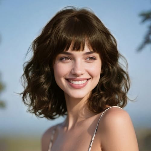 SUKRI Dark Brown Bob Wigs with Bangs, Short Wavy Hair