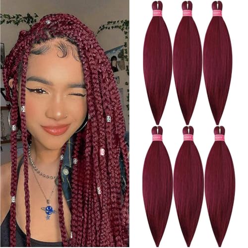 Mychanson Burgundy Braiding Hair Pre Stretched 6 Packs 20...