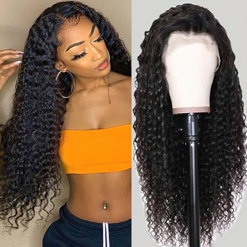 Hrnytdek 28 Inch Lace Front Wigs Black Curly Human Hair