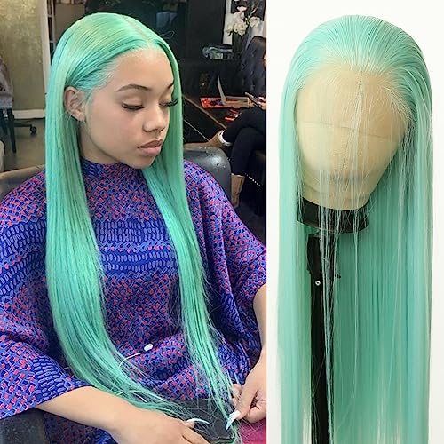 BTWTRY Mint Green Synthetic Lace Front Wig Long Straight