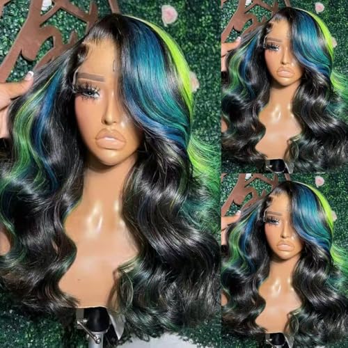 SISIFIRE Blue Green Highlight Lace Front Wigs Long Body Wave