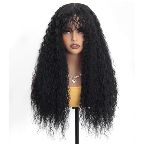 HiTuMyPi Black Curly Wig with Bangs Curly Wig for Women