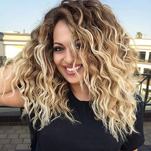 Fencca Ombre Blonde Curly Wigs for Women Medium Length...